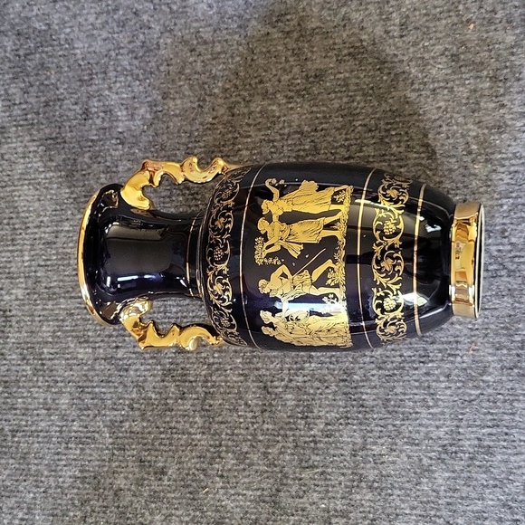 Hand Made in Greece in 24 K Gold Floral Decor Collectible Vase Blue and Gold - Picture 1 of 6